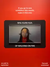 A clean, well-composed photograph of an art exhibition display at Autograph, featuring a framed portrait on a vibrant red wall. The image effectively uses the gallery's lighting to highlight the artwork, creating a professional and inviting visual that clearly communicates the exhibition details through text overlays.