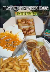 A food review reel showcasing the new menu at Bollo's, featuring birria tacos, loaded pulled beef mac and cheese, a Nashville chicken sando, and a kunafe brownie with soft serve ice cream.