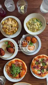 A short review of Pesto in Sutton Coldfield, showcasing the exterior, interior, and a selection of small plates including pizza, pasta, and arancini.