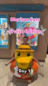 A 'day in the life' style vlog featuring a young child exploring a cruise ship, showcasing various meals from breakfast to late-night snacks, alongside activities like riding a carousel and watching fireworks.