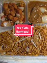 A review of a Chinese takeaway bento box from Yee Yum in Barrhead, showcasing the food, the shop's interior, and the menu options.