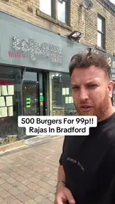 The creator visits Rajas in Bradford to promote their reopening offer of 500 Zinger burgers for 99p and a deal on pizzas. The video features the creator interacting with staff, showing the venue's refurbishment, and highlighting the food items.