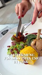 A couple visits the York Minster Refectory to review their monthly changing tasting menu, highlighting the food, wine pairings, and the terrace views of the Minster.