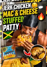 A creator demonstrates how to assemble a 'Jerk Chicken Mac & Cheese Stuffed Patty' using a store-bought patty, mac and cheese, and various sauces, followed by a taste test.