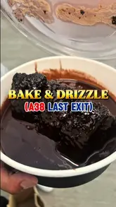 A creator reviews a dessert stall called Bake & Drizzle located at A38 Last Exit in Birmingham, showcasing their viral Matilda cake and customizable mini Dutch pancakes.