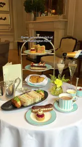 A polished, aesthetic showcase of a Wimbledon-themed afternoon tea at The Kensington Hotel, featuring close-ups of sandwiches, pastries, scones, champagne, and a tennis-ball-shaped dessert.