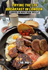 A review of a Full English breakfast at Cafe Paolo in London, featuring close-ups of the food and an interview with the owner about the quality and history of the cafe.