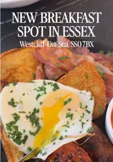 A short promotional video for Café Besa in Westcliff-on-Sea, featuring close-ups of a full English breakfast, pancakes, and an iced coffee, alongside shots of the cafe's interior and menu.