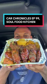 A creator reviews a 'Go Chop Box' from SFK Kitchen, sampling various soul food items including wings, mac and cheese, collard greens, candied yams, cornbread, and a deep-fried lamb chop.