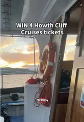 A short promotional video for Howth Cliff Cruises featuring scenic shots of the coastline, a lighthouse, and a seal, overlaid with text announcing a ticket giveaway competition.