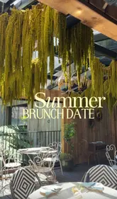 The video showcases Jurema Terrace at The Mandrake Hotel in London, highlighting its lush, plant-filled outdoor setting and Mediterranean brunch offerings. It features shots of the venue's decor, a menu, cocktails, and a variety of brunch dishes, creating an inviting atmosphere for a summer date.