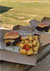 A promotional reel for Par & Patty at Yarm Driving Range, highlighting their smash burgers, sides like tater tots and mozzarella sticks, and the 'Smash & Swing' deal that combines food with golf practice.