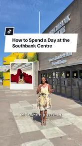 A travel-style vlog guide showcasing a day out at the Southbank Centre in London, featuring the Hayward Gallery, Queen Elizabeth Hall Roof Garden, various food markets, and the Seventy5th Balcony Bar.