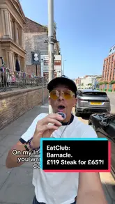 A creator reviews a restaurant called Barnacle in Liverpool, highlighting a significant discount available through the EatClub app. The video features the creator showcasing a large porterhouse steak, the restaurant's interior, and the app's interface to demonstrate the savings.
