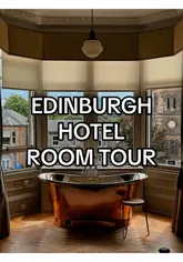 A creator provides a detailed room tour of The Roseate hotel in Edinburgh, highlighting the cozy bedroom, reading nook with a telescope, tea/coffee facilities, minibar, and bathroom.