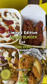 A food review video showcasing the limited edition Lamb Stacker burger and fries at Side Street, along with other menu items like BBQ tenders, chicken burgers, and mocktails.