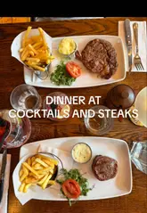 A vlog-style review of a visit to 'Cocktails & Steaks', showcasing the venue, menu, drinks, starters, mains, and dessert.