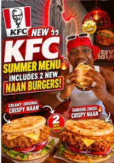 A high-energy promotional video featuring an influencer visiting a KFC kitchen to showcase the preparation of new menu items, specifically naan burgers and chicken tenders with various dipping sauces.