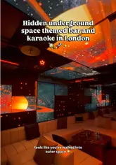 A vibrant video tour of U9, a space-themed karaoke bar in London. The creator highlights the immersive, planet-themed private rooms, the extensive song library, and the convenience of ordering food and drinks directly to the room.