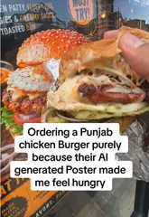 A creator visits Punjab Street Food in Ilford to test if their real-life chicken burger lives up to the AI-generated promotional poster.