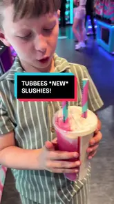 A vlog-style review of new slushie flavours and sweet treats at Tubbees Dessert Lab, featuring the creator and a child taste-testing the products.