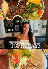 The video is a vlog-style review of a TGI Fridays restaurant located at Resorts World in Birmingham. The creator highlights the venue's aesthetic, the scenic view of Pendigo Lake, and samples various items from the new menu, including cocktails, nachos, a chicken quesadilla, and a steak.