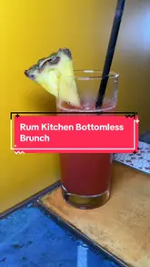 A review of the bottomless brunch at Rum Kitchen, featuring shots of the cocktails, various starters and main courses, and the venue's interior. The creator provides a voiceover commentary on the food quality and the overall experience.
