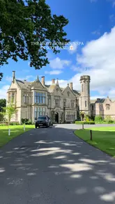 A montage showcasing the facilities of the Schloss Roxburghe Hotel, including the exterior, swimming pool, sauna, hot tub, and relaxation areas.