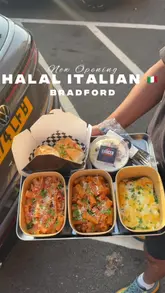 A promotional video for a new Halal Italian takeaway spot in Bradford called Sauced, featuring a variety of pasta dishes, lasagna, garlic bread, and dessert, with a 50% off opening offer.