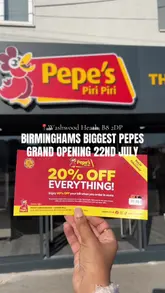 A promotional reel for the grand opening of a new Pepe's Piri Piri location in Birmingham, showcasing the interior, self-service kiosks, and various menu items.