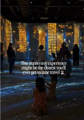 A promotional video for 'Timewalk' at ImmerseLDN, showcasing various immersive projections of ancient civilizations including Ancient Egypt, Babylon, and the Maya. The video uses a montage of clips to demonstrate the scale and visual impact of the exhibition, featuring visitors interacting with the space.