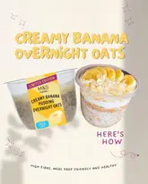 A clean, well-lit promotional graphic for a homemade 'Creamy Banana Overnight Oats' recipe, featuring a side-by-side comparison of the store-bought product and the homemade version.