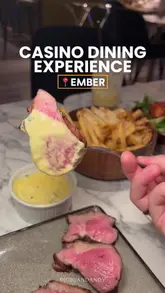 A food review video showcasing various dishes at Ember in Leicester Square, including steak, arancini, salmon, and Korean fried chicken, accompanied by cocktails.