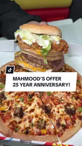 A promotional video for Mahmood's fast-food chain announcing a 25th-anniversary offer of free burgers and a buy-one-get-one-free promotion across their menu. The video features close-up shots of their burgers, pizzas, fries, and nuggets, alongside quick cuts of the restaurant interior.