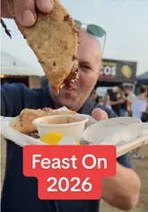 A creator visits the 'Feast On' food festival in Bristol, showcasing various street food vendors including Jerk King, Gurt Wings, Gourmet Warriors, and The Happy Cow. He provides brief, enthusiastic reviews of the food items he tries.