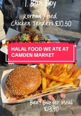 A listicle-style video showcasing five different food vendors at Camden Market, highlighting specific dishes and their prices. The video uses quick cuts and text overlays to guide the viewer through the options, focusing on halal-friendly street food.