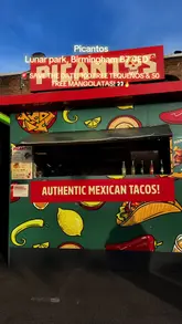 A promotional video for Picantos, a street food venue in Birmingham, showcasing their menu including birria tacos, tequeños, and mangolatas.