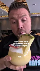 A food blogger shares a humorous, relatable montage of themselves eating various dishes and drinking cocktails at different venues, framed by the text overlay of being overwhelmed by work notifications.