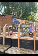 A short, aesthetic tour of Bristol Sauna Yard, showcasing the saunas, ice baths, and outdoor relaxation area. The video features two creators enjoying the facilities and drinking canned beverages, highlighting the peaceful, sun-trap nature of the venue.