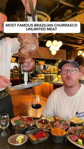 A high-energy review of Fogo de Chão, a Brazilian steakhouse, highlighting the 'rodizio' style service where meat is carved tableside. The video features the creator sampling various cuts of meat, including Wagyu, as well as the extensive salad bar and seafood options, effectively communicating the unlimited dining experience.