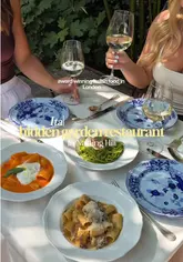 A polished influencer-style review of Pollini at Ladbroke Hall in Notting Hill. The video showcases the restaurant's lush, garden-like setting, art installations, and a variety of high-end Italian dishes including pasta, pizza, and dessert, presented by the creators.