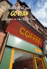 A promotional review video for 'Go Bean', a new coffee shop in Dennistoun, Glasgow. The video highlights the cafe's bright interior, menu, and signature specialty drinks, alongside food offerings from local suppliers.
