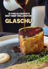 The video presents a Beef Wellington experience at Glaschu in Glasgow, featuring close-up shots of the main dish, starters, and dessert, alongside glimpses of the restaurant's interior. It uses text overlays to provide details about the meal, pricing, and charitable contribution.