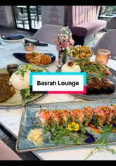 A montage showcasing the interior design and food offerings at Basrah Lounge, featuring stylish decor, sushi, steak, and mocktails.