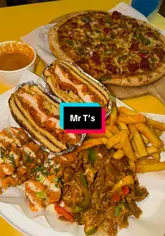 A fast-paced, energetic montage showcasing a variety of fast-food dishes including pizza, a sandwich, fries, and wings at Mr T's in Glasgow, accompanied by a mocktail.
