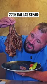 A creator reviews a steakhouse, showcasing a large bone-in steak and a blooming onion appetizer.