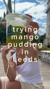 A short, enthusiastic first-person review of a matcha and pudding pop-up in Leeds, featuring a taste test of a matcha drink and a mango coconut pudding.