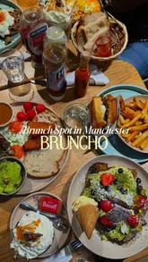 A first-person review of Bruncho in Manchester, showcasing popular brunch dishes like the New York Roll burger, pistachio and Kinder French toast, shakshuka, and steak and eggs.