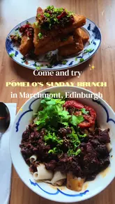 A vlog-style video showcasing a visit to Pomelo in Edinburgh for Sunday brunch, featuring shots of the exterior, the menu, and various dishes.