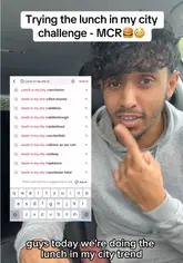 A creator attempts a 'lunch in my city' trend by searching TikTok for recommendations in Manchester, leading him to a dark kitchen called ScranGuys. He orders a cheesy parmesan dish, fries with chipotle mayo, and a tiramisu milkshake, reviewing them from his car.
